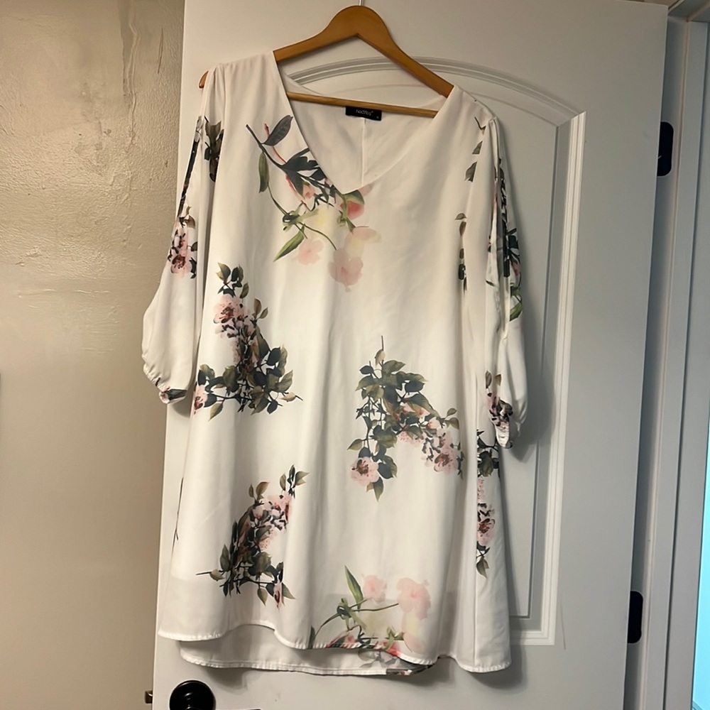 White Floral Dress with Slit Sleeves